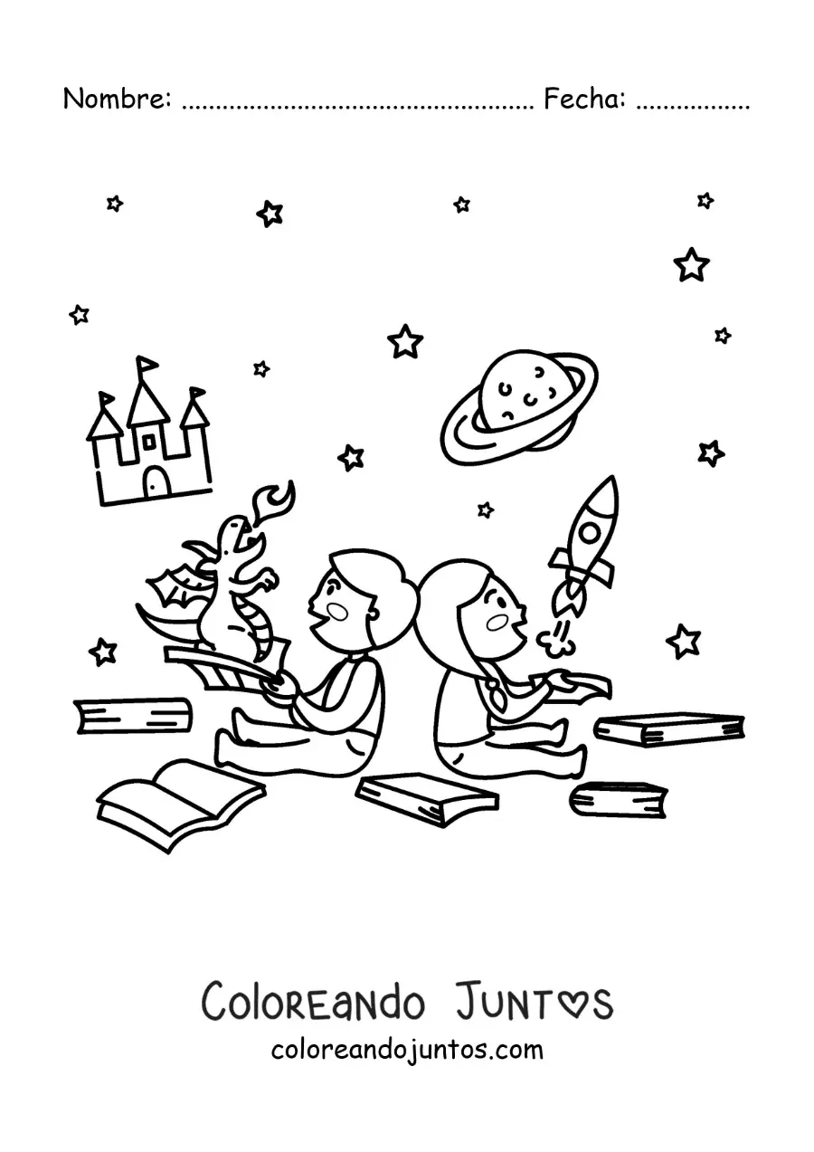 Imagen para colorear de dos niños sentados con libros abiertos que cobran vida