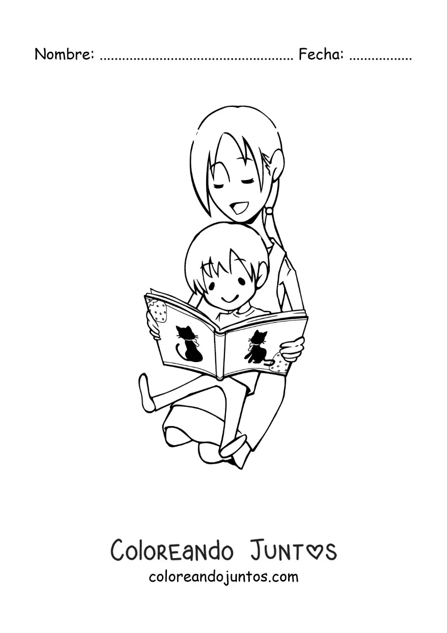 Imagen para colorear de una madre leyendo con su hijo sentado en sus piernas
