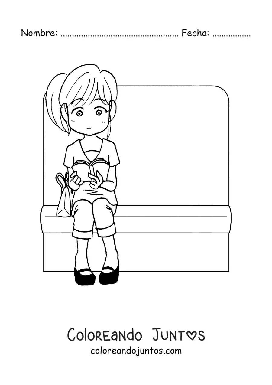 Imagen para colorear de una chica sentada leyendo en el tren