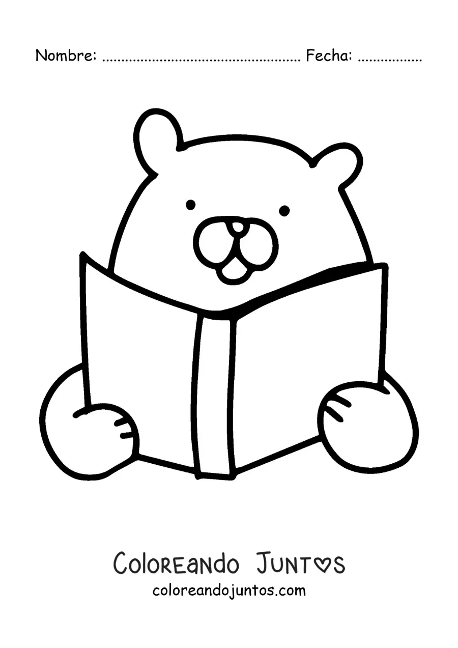 Imagen para colorear de un oso animado kawaii leyendo