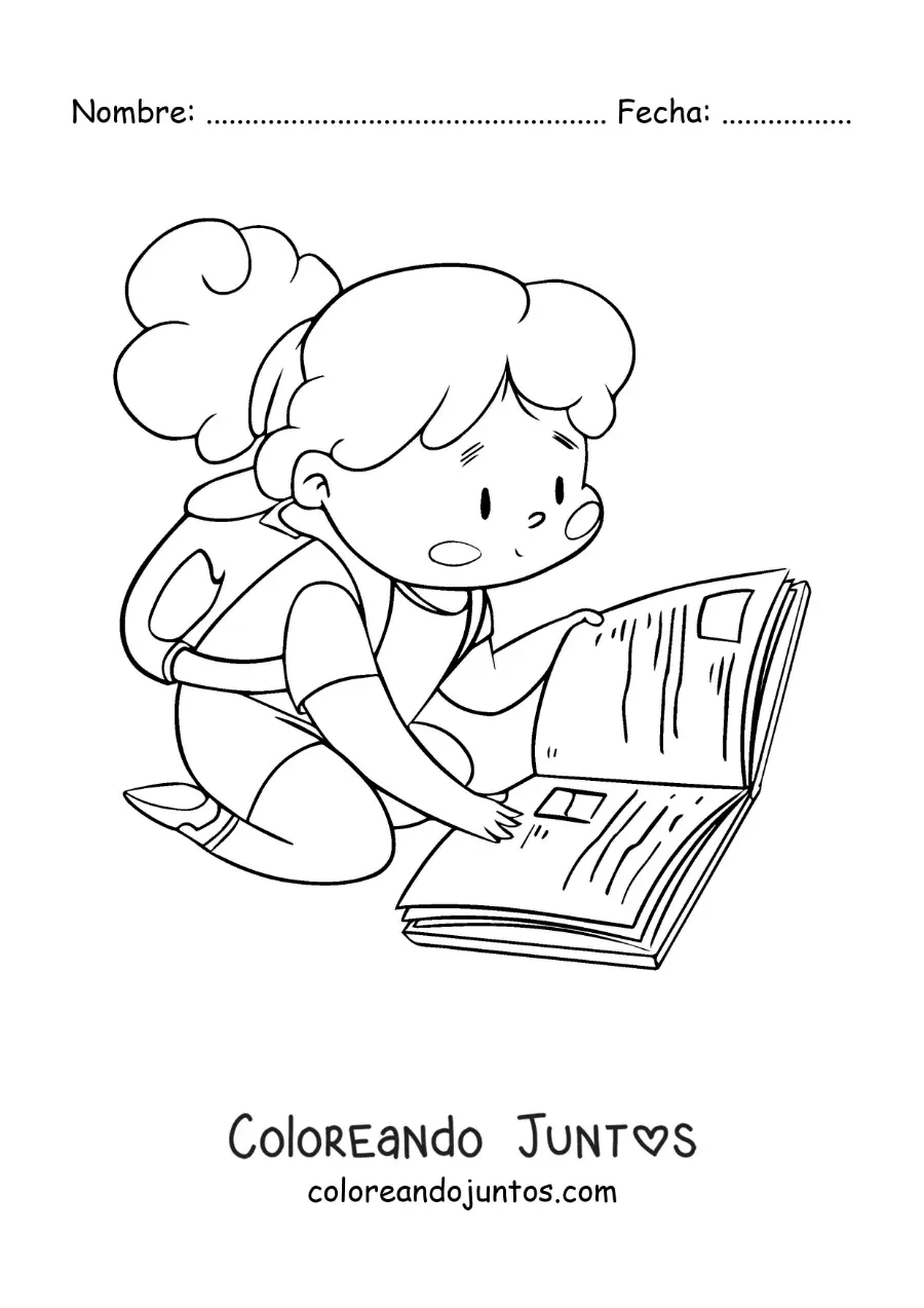 Imagen para colorear de una niña con una mochila leyendo sentada en el piso