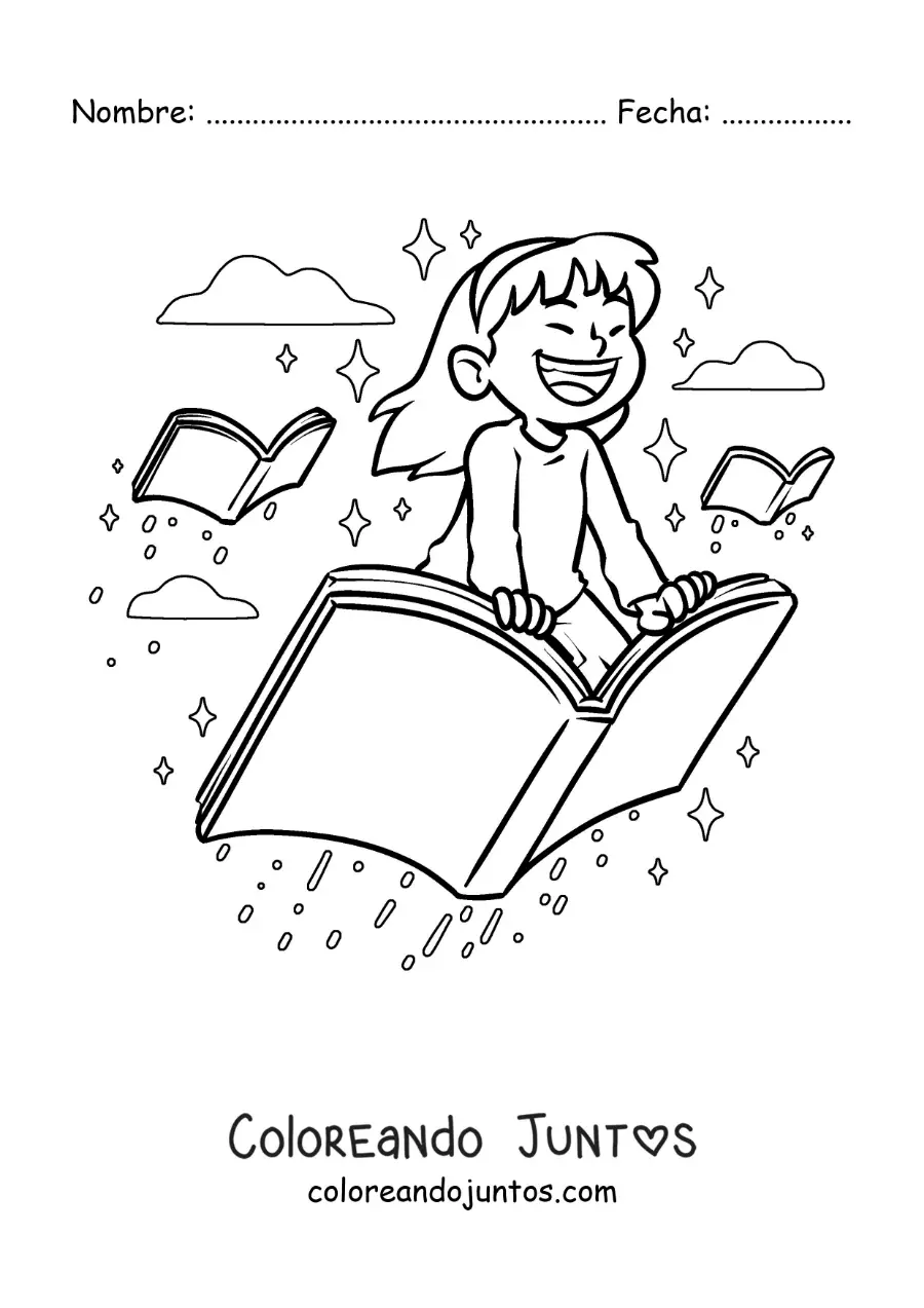 Imagen para colorear de una niña feliz volando sobre un libro abierto