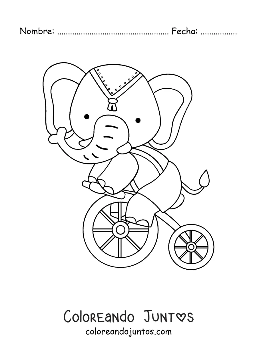 Imagen para colorear de un elefante de circo en un monociclo