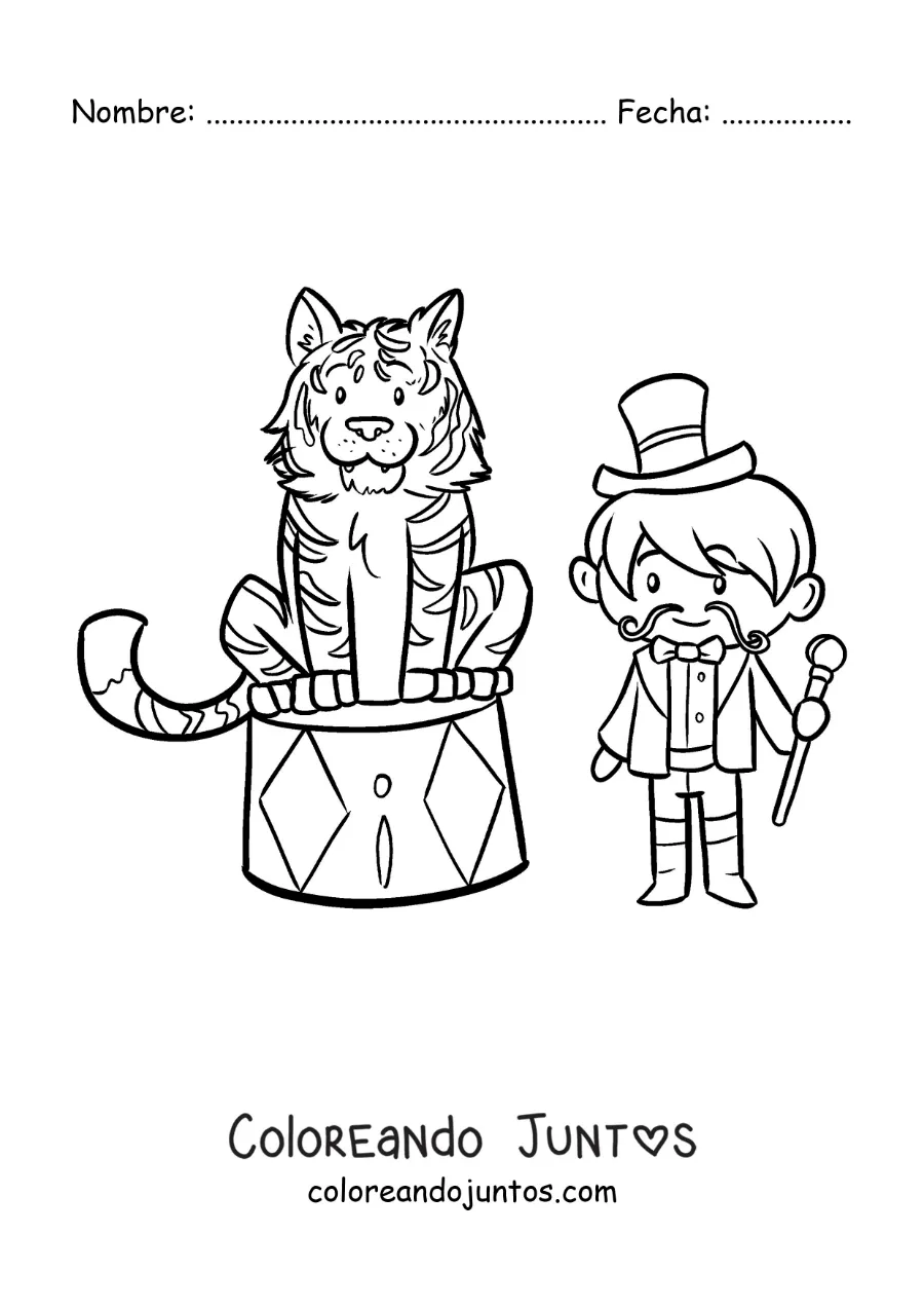 Imagen para colorear de un domador de circo junto a un tigre animado