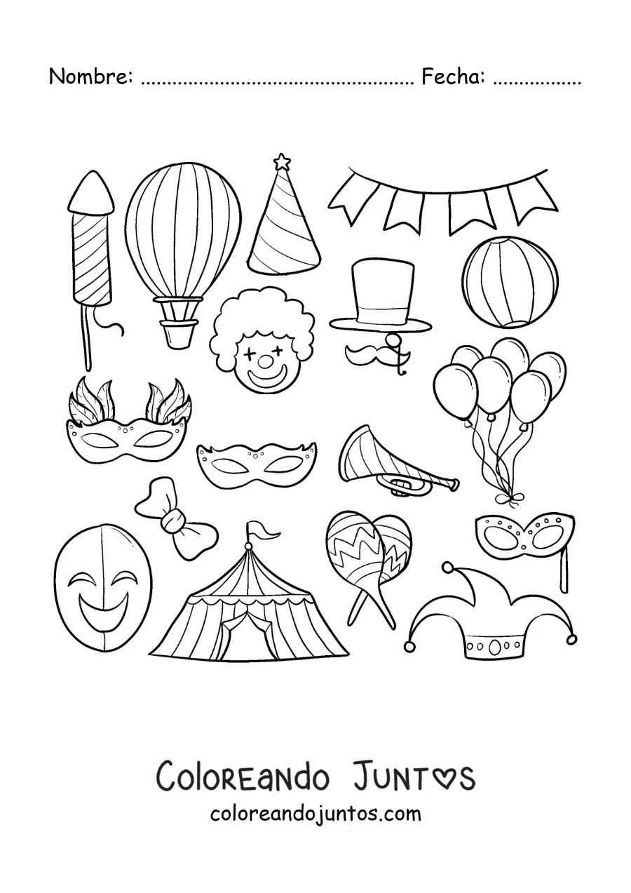 Imagen para colorear de máscaras, sombreros y elementos de circo