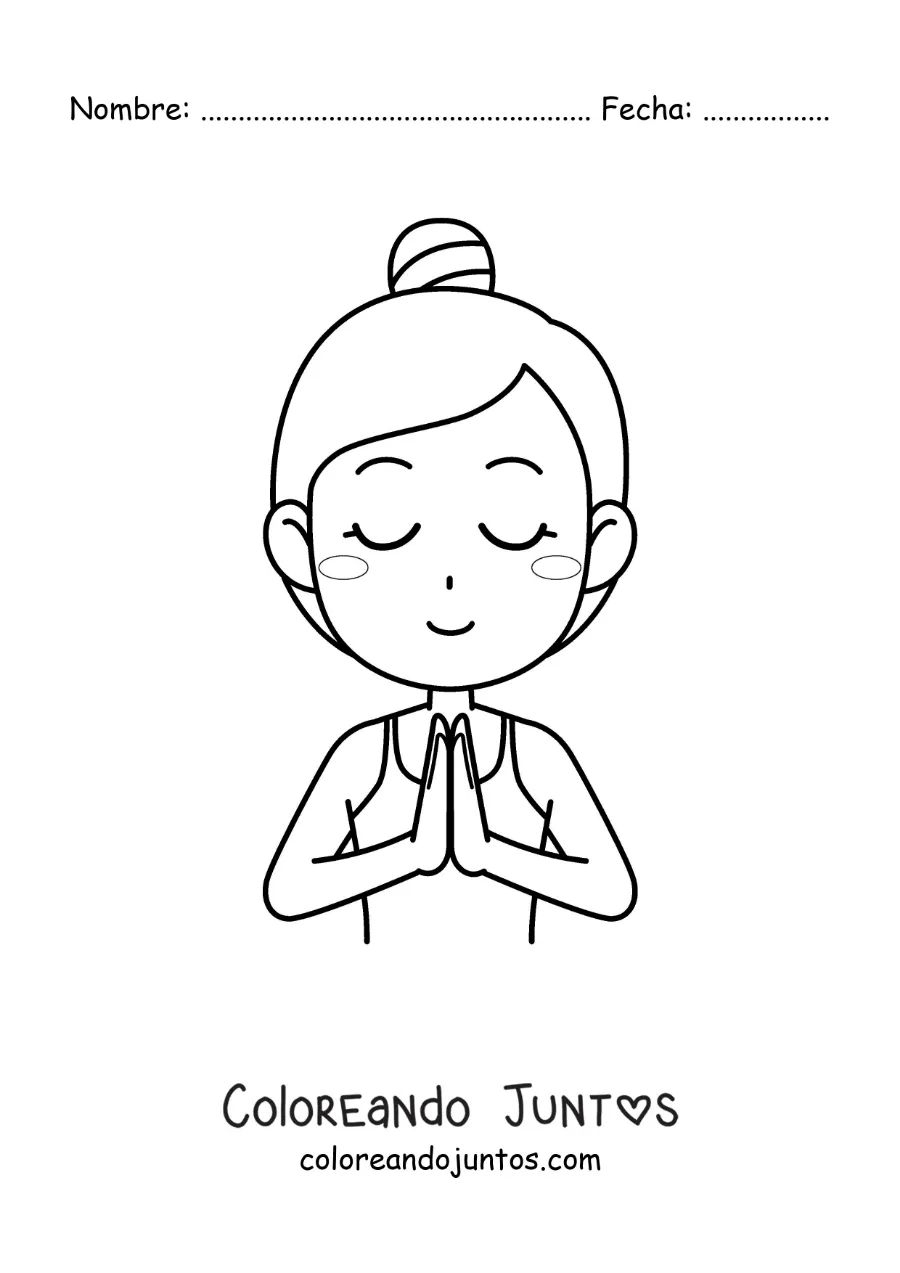 Imagen para colorear de una mujer meditando con las manos juntas