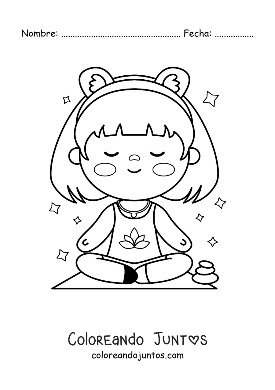 Imagen para colorear de una niña kawaii animada meditando