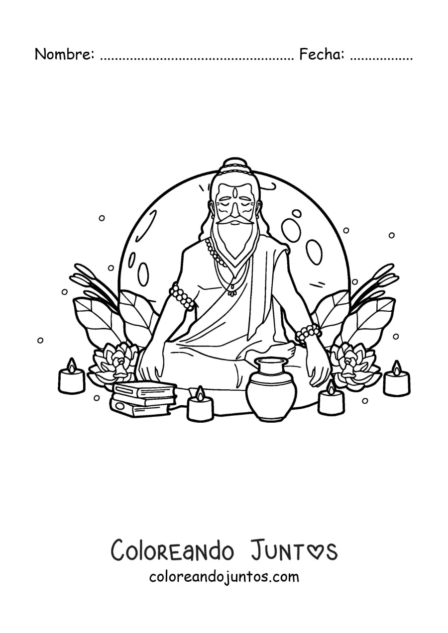 Imagen para colorear de un gurú hindú sentado meditando con velas