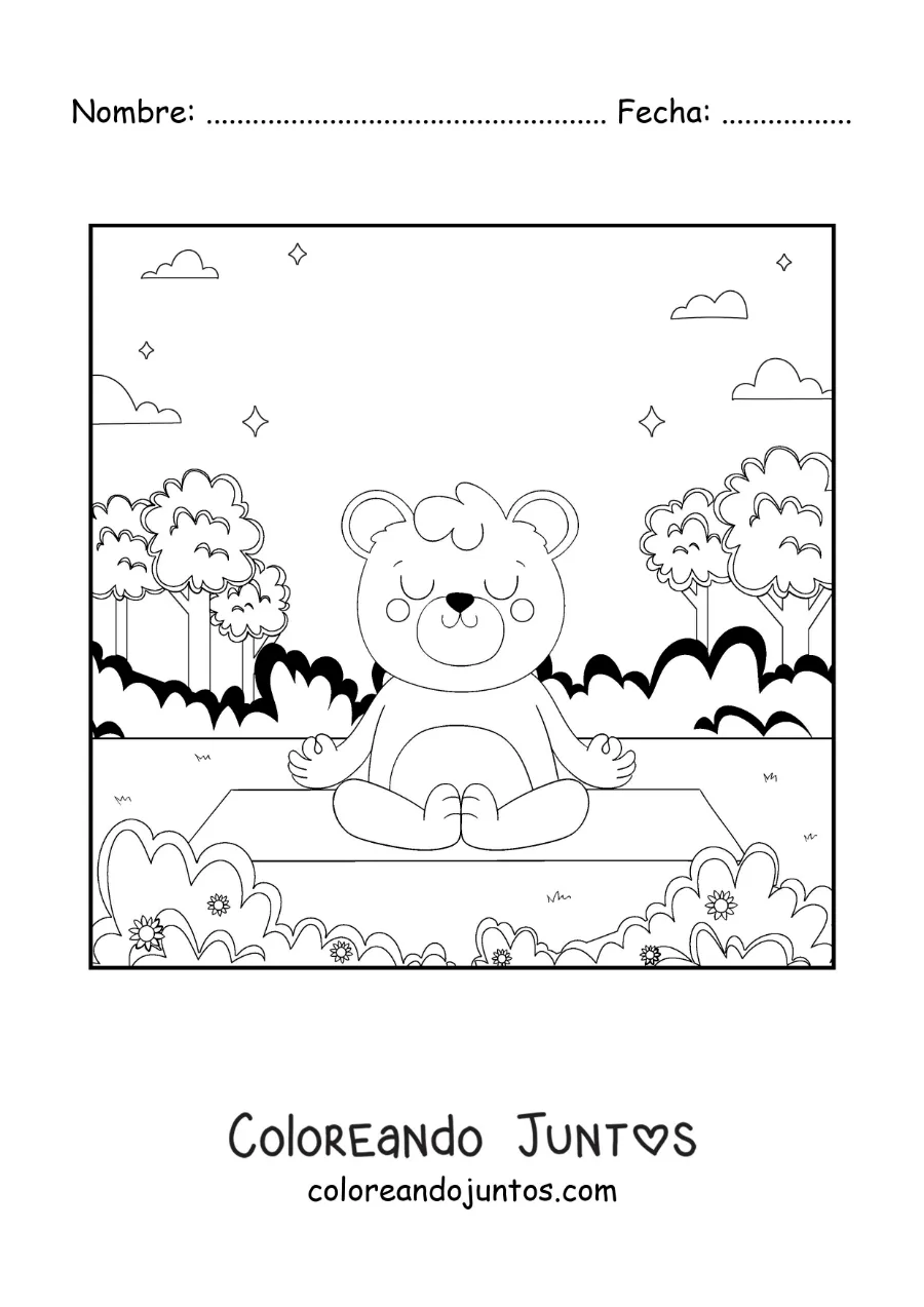 Imagen para colorear de un oso animado meditando en el parque