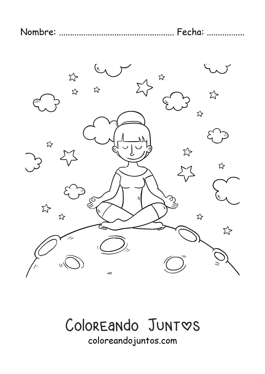 Imagen para colorear de una chica meditando en la luna