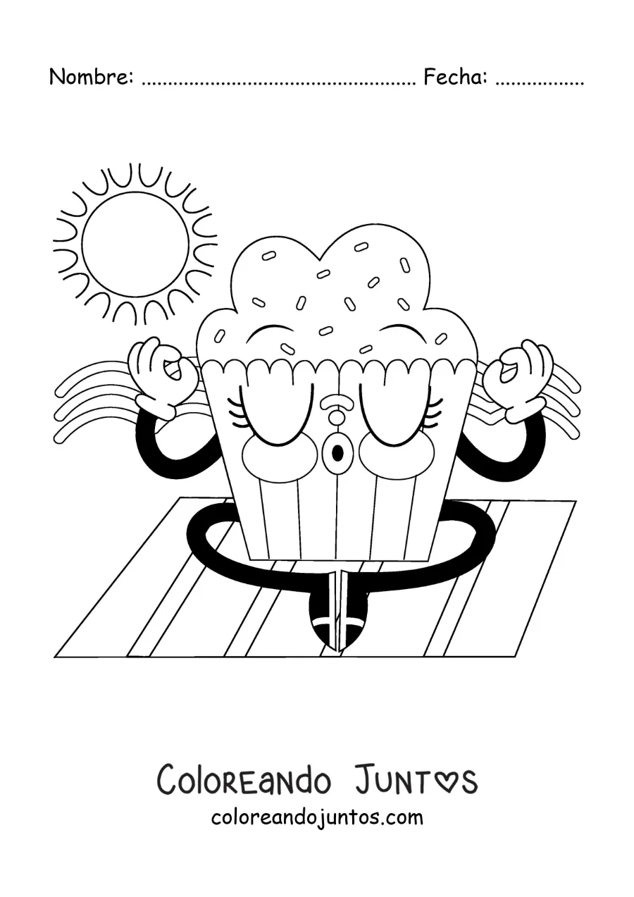 Imagen para colorear de una caricatura de un cupcake animado meditando