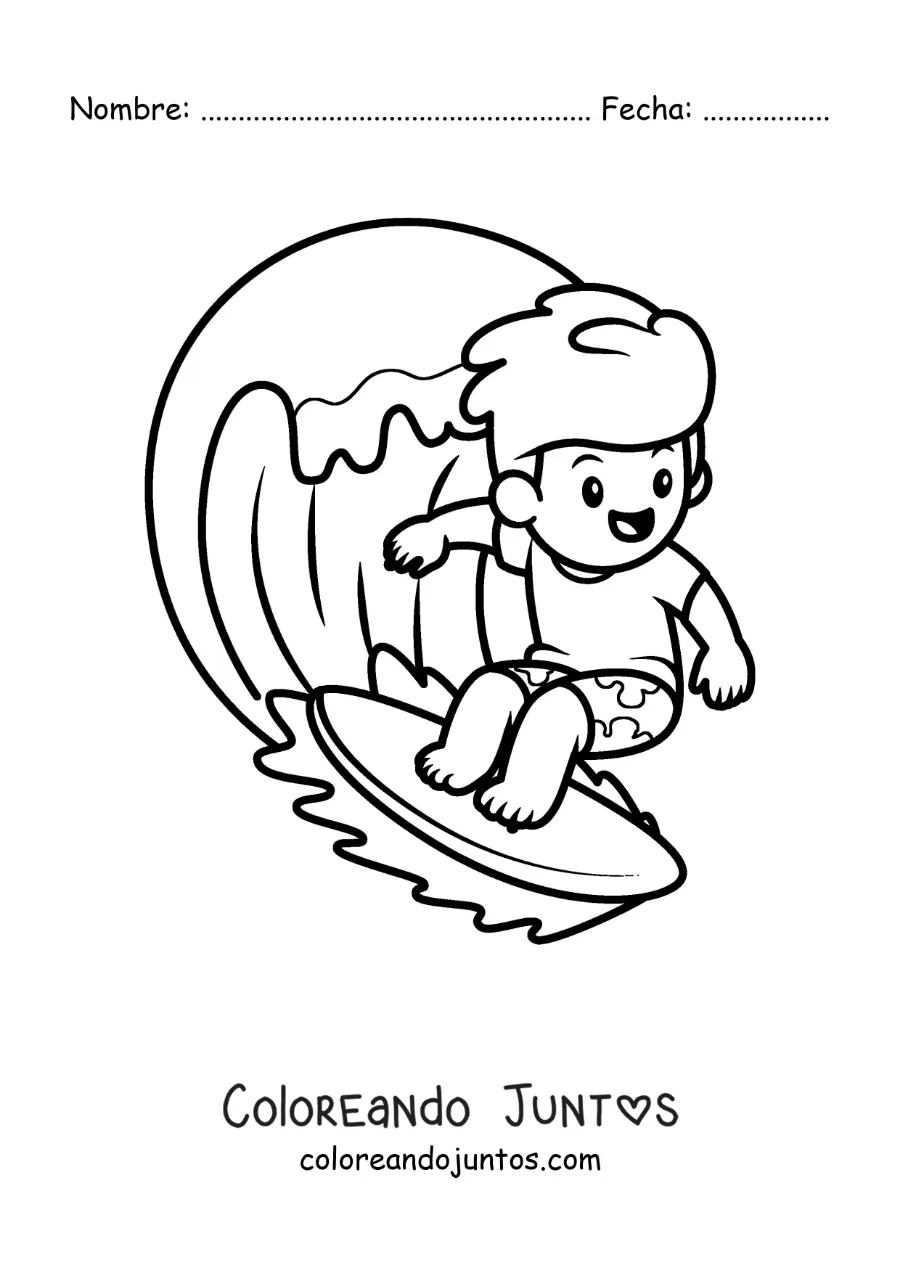 Imagen para colorear de un niño animado surfeando una ola