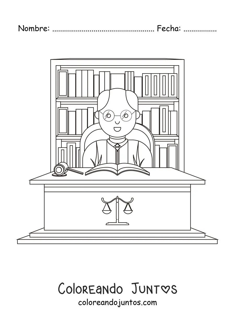 Imagen para colorear de un abogado con un mazo en su escritorio