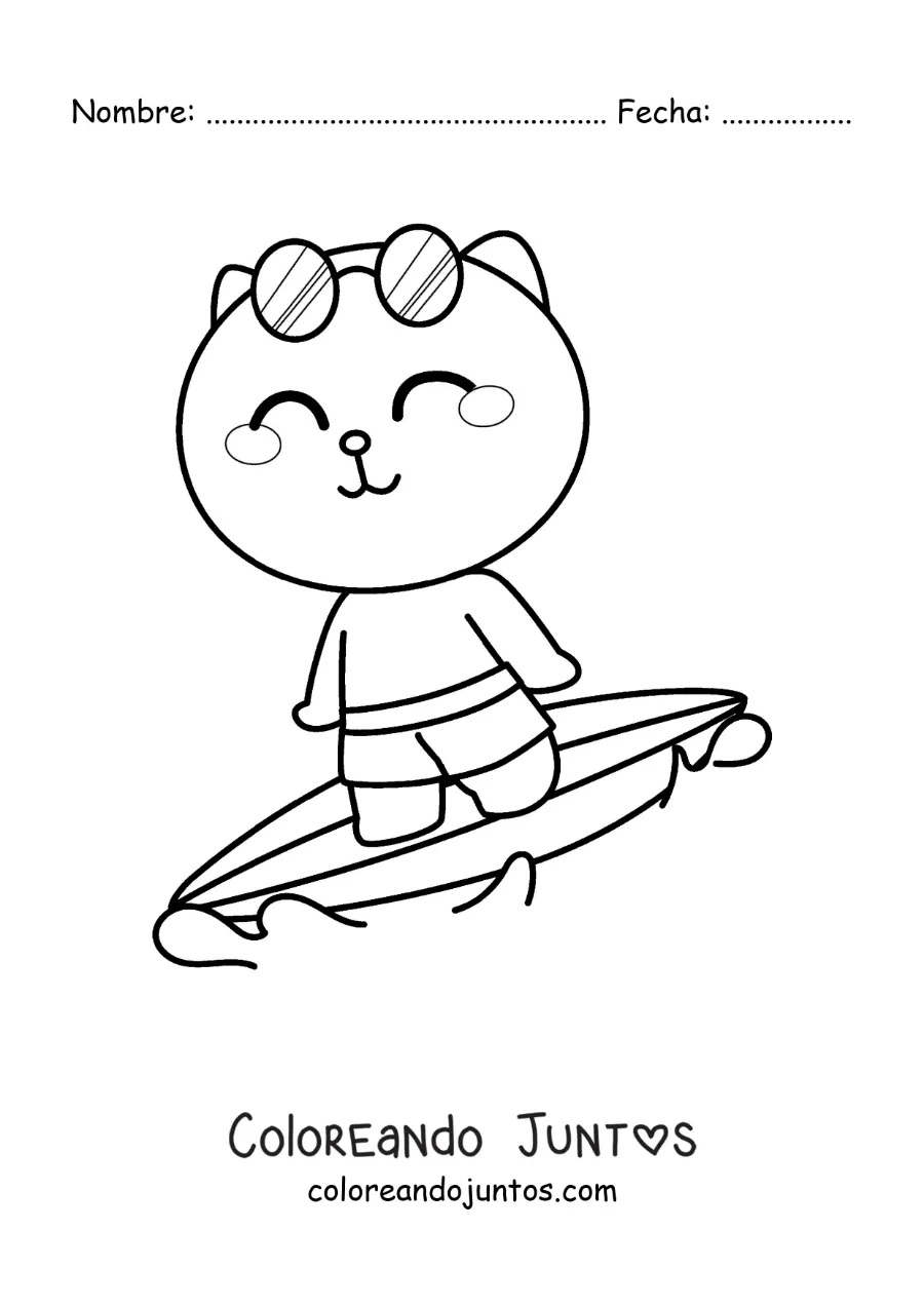 Imagen para colorear de un gato animado surfeando con lentes