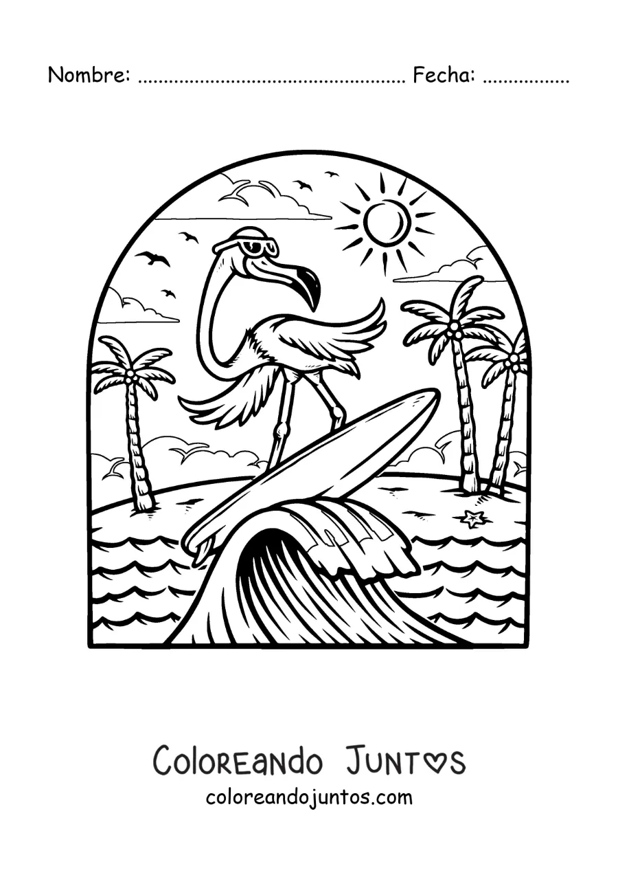 Imagen para colorear de un flamingo animado surfeando en la playa