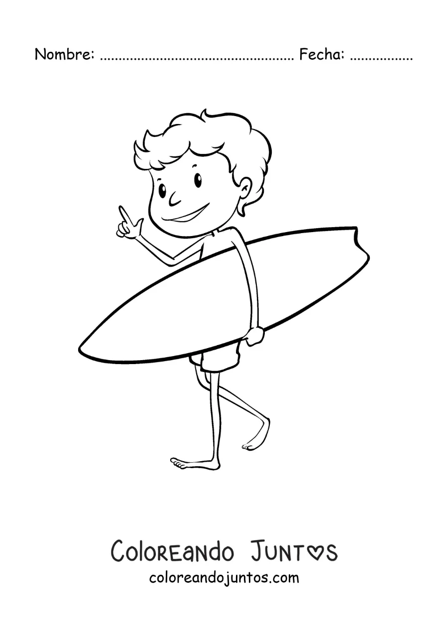 Imagen para colorear de un niño surfista animado