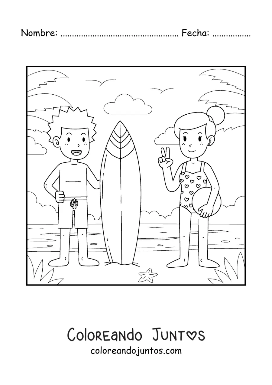 Imagen para colorear de un niño surfista y una niña con un balón en la playa