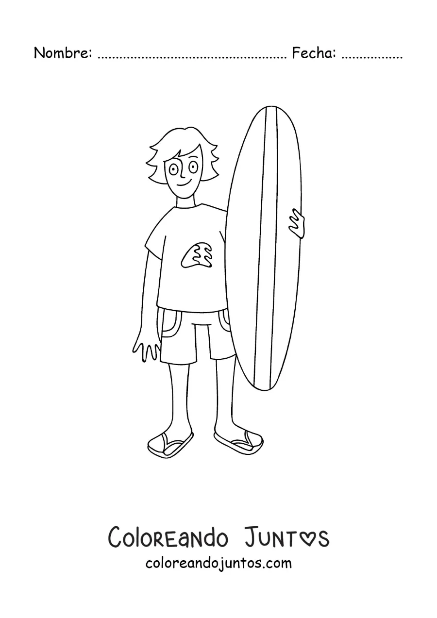 Imagen para colorear de una caricatura de un chico surfista