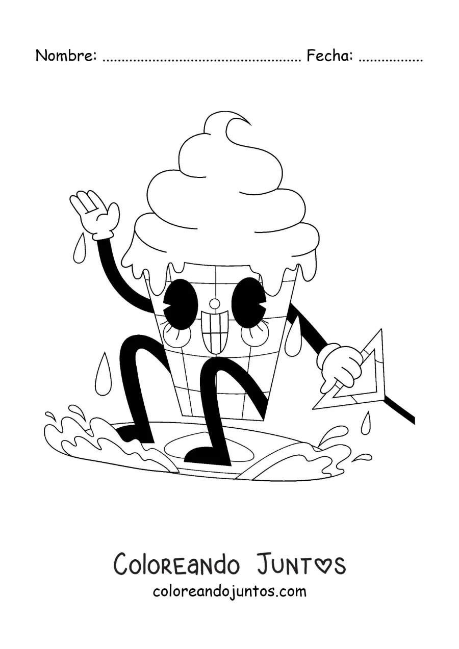 Imagen para colorear de una caricatura de un helado animado surfeando