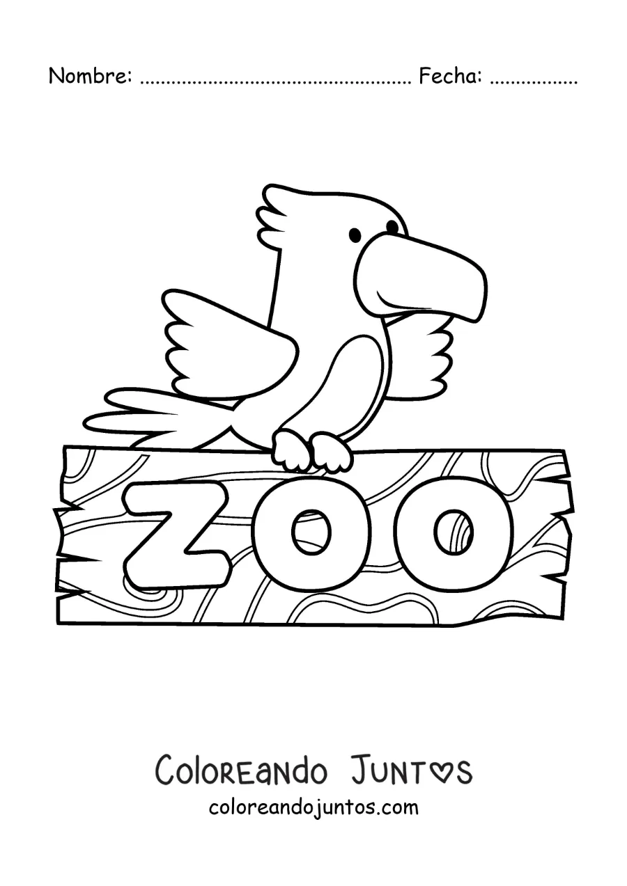 Imagen para colorear de una caricatura de un ave posada sobre un letrero del zoológico