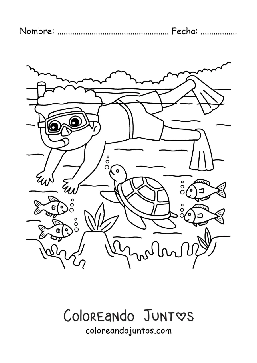 Imagen para colorear de un niño buceando en el fondo del mar con peces y una tortuga