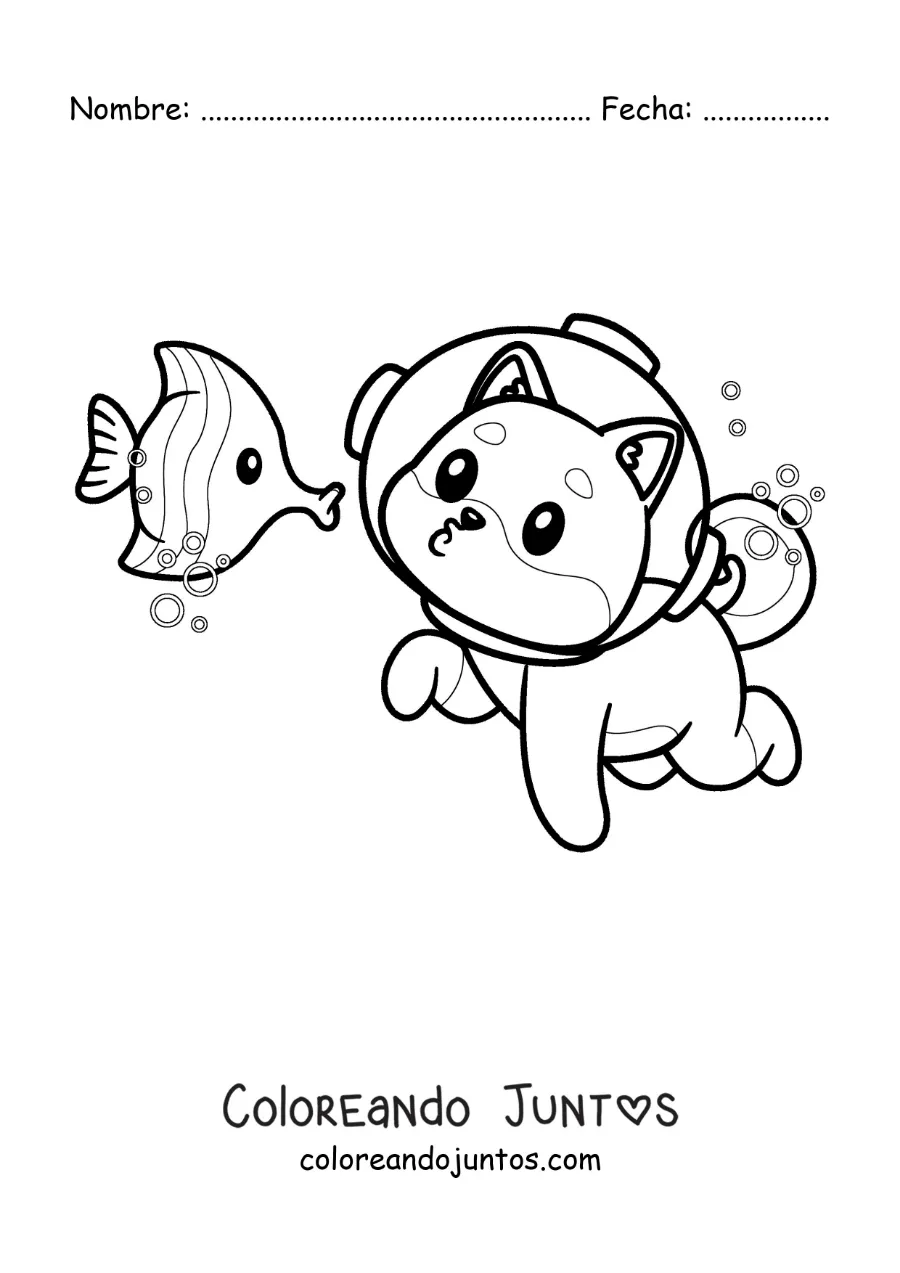 Imagen para colorear de un perro animado con casco buceando con un pez