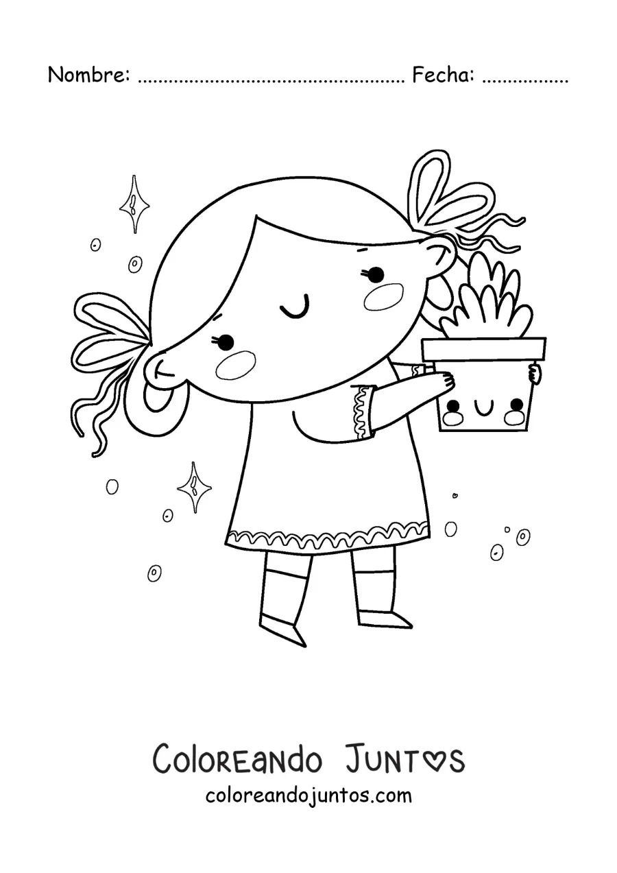 Imagen para colorear de una niña con una planta animada