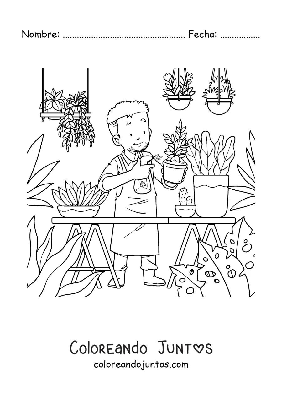 Imagen para colorear de un hombre regando sus plantas en su invernadero