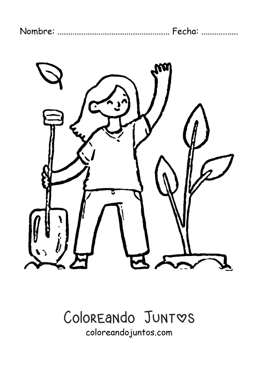 Imagen para colorear de una chica trasplantando una planta a la tierra
