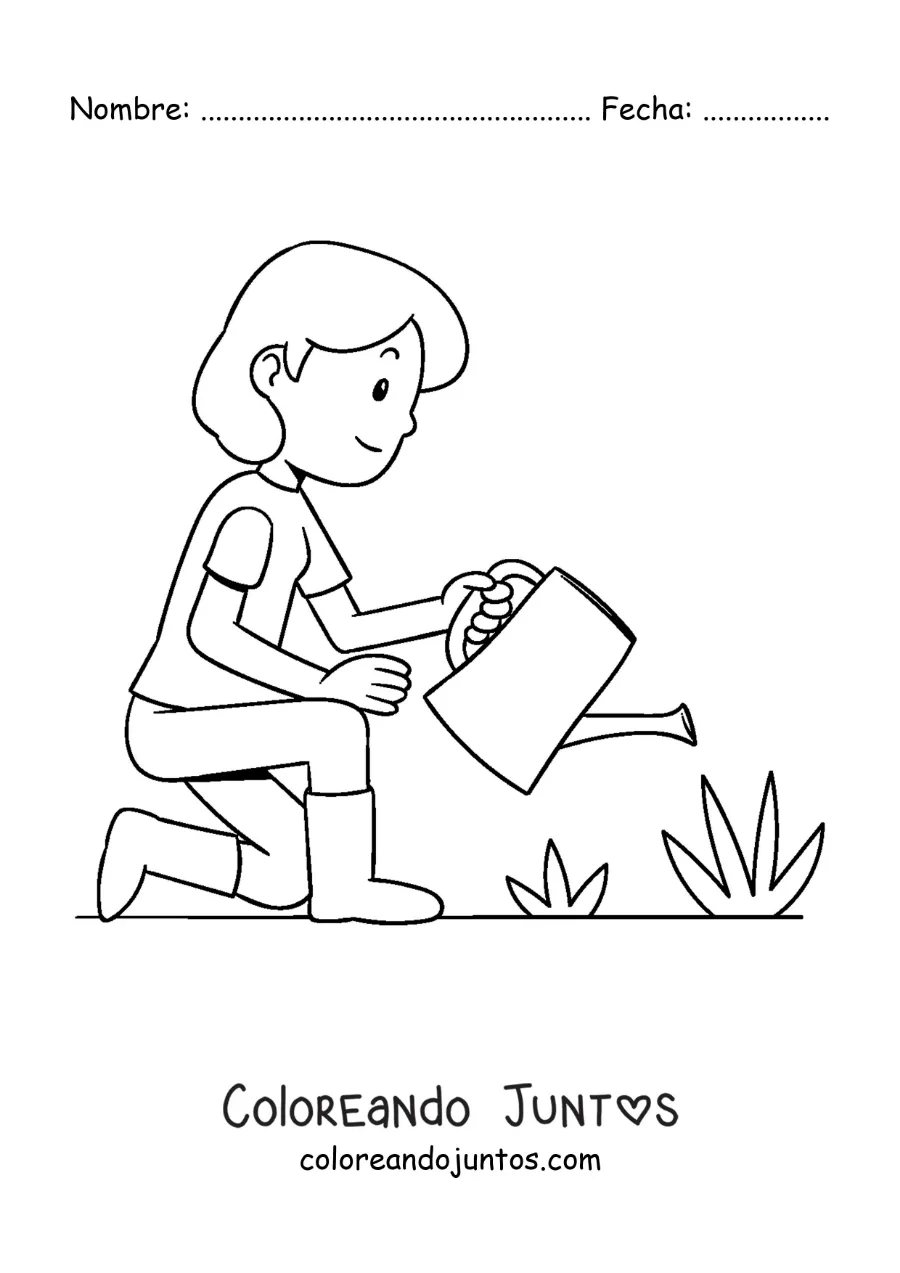 Imagen para colorear de una joven regando las plantas de su jardín