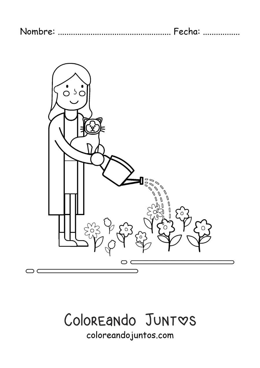 Imagen para colorear de una mujer con su gato regando flores