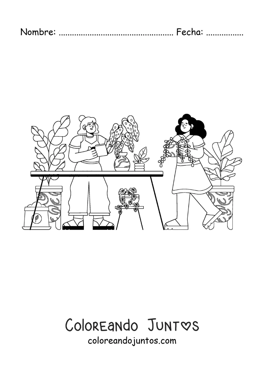 Imagen para colorear de dos chicas cuidando de las plantas en un invernadero