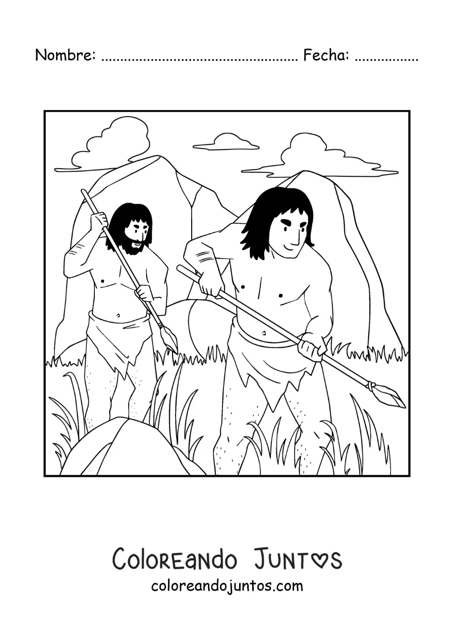 Imagen para colorear de dos hombres de la prehistoria cazando con lanza