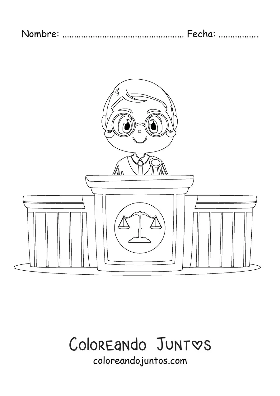 Imagen para colorear de un juez kawaii animado en el estrado