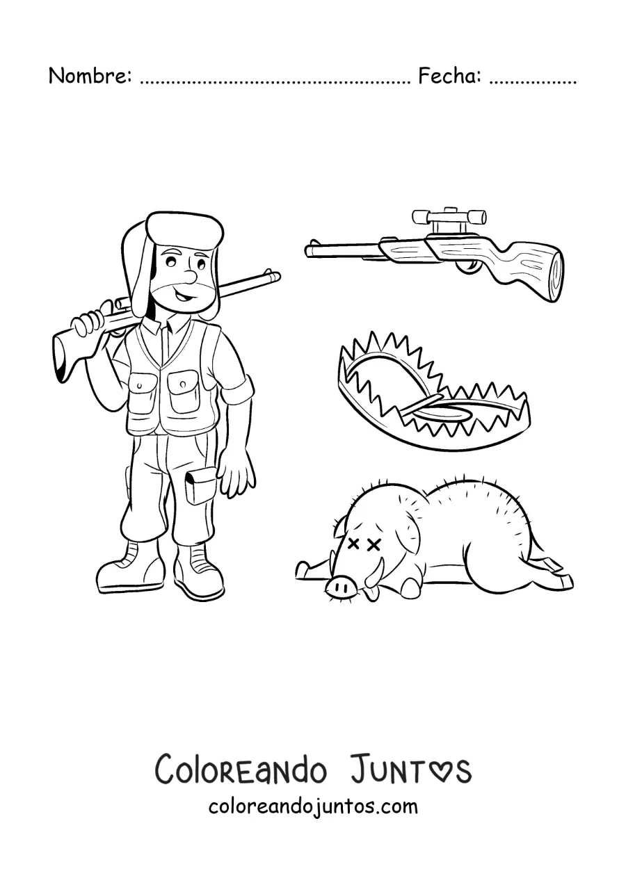 Imagen para colorear de un cazador de jabalíes con trampas y un arma