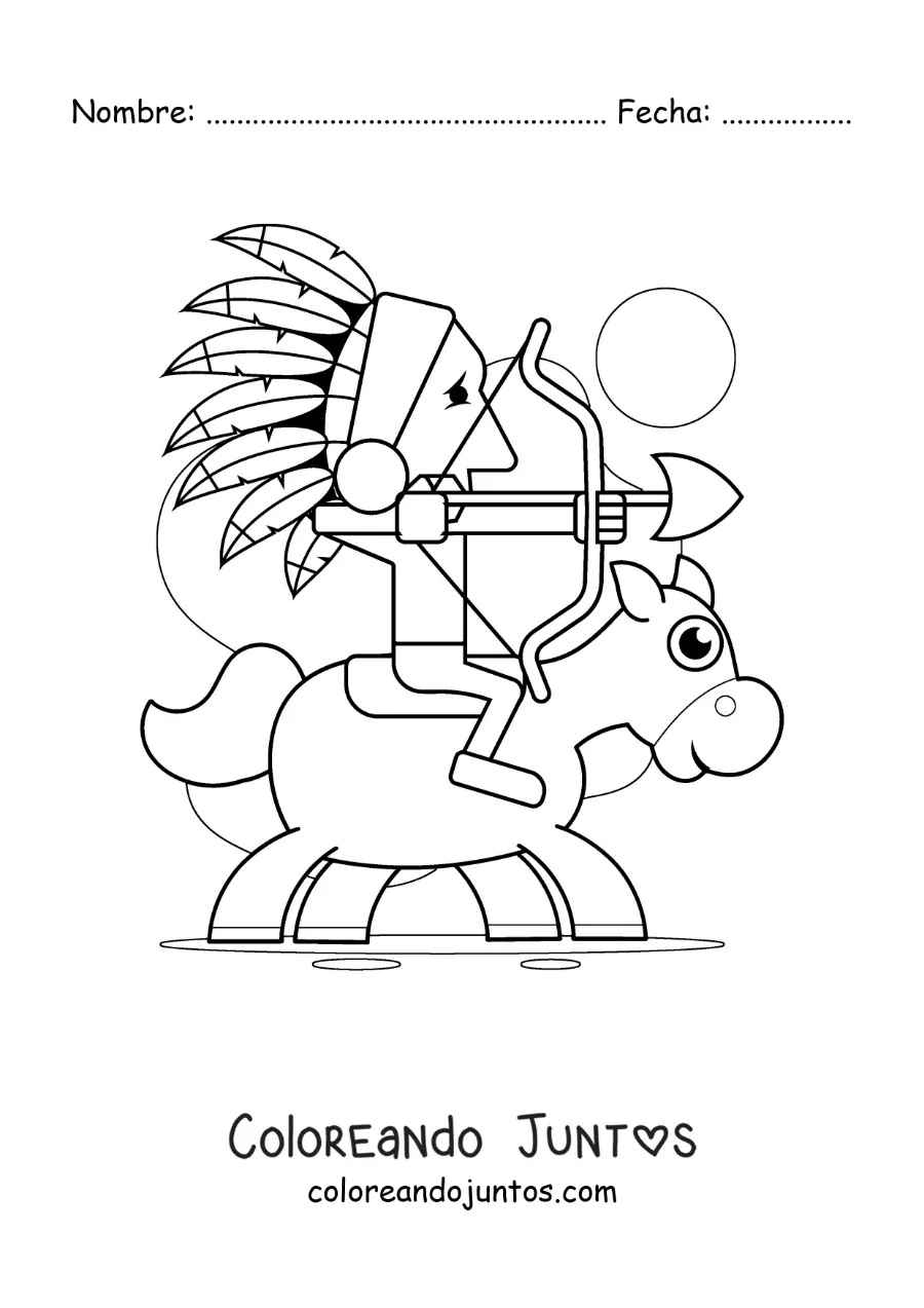Imagen para colorear de un indio a caballo cazando con un arco