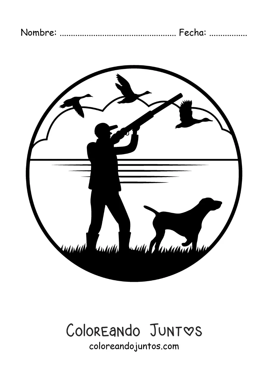 Imagen para colorear de silueta de un cazador de patos con su perro