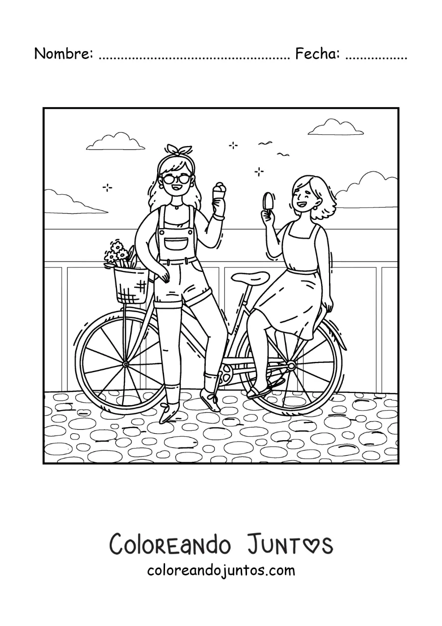 Imagen para colorear de dos amigas comiendo helado en un paseo en bici