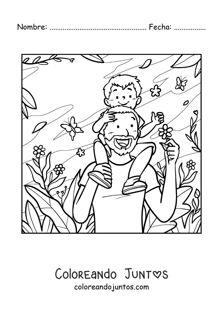 Imagen para colorear de un padre paseando por el parque con su hijo sentado en sus hombros