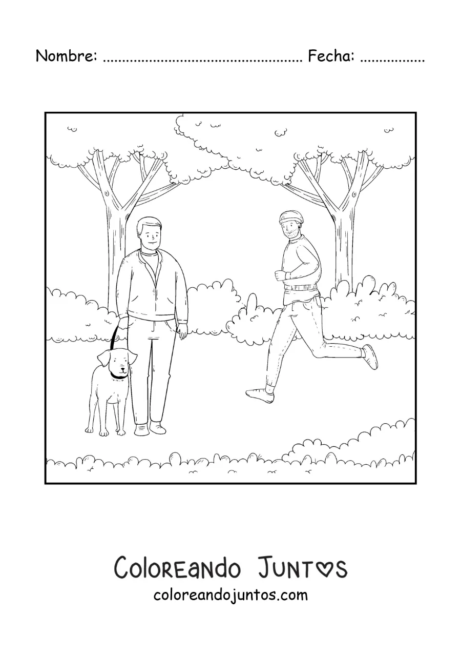 Imagen para colorear de un chico trotando y un hombre paseando a su perro en el parque