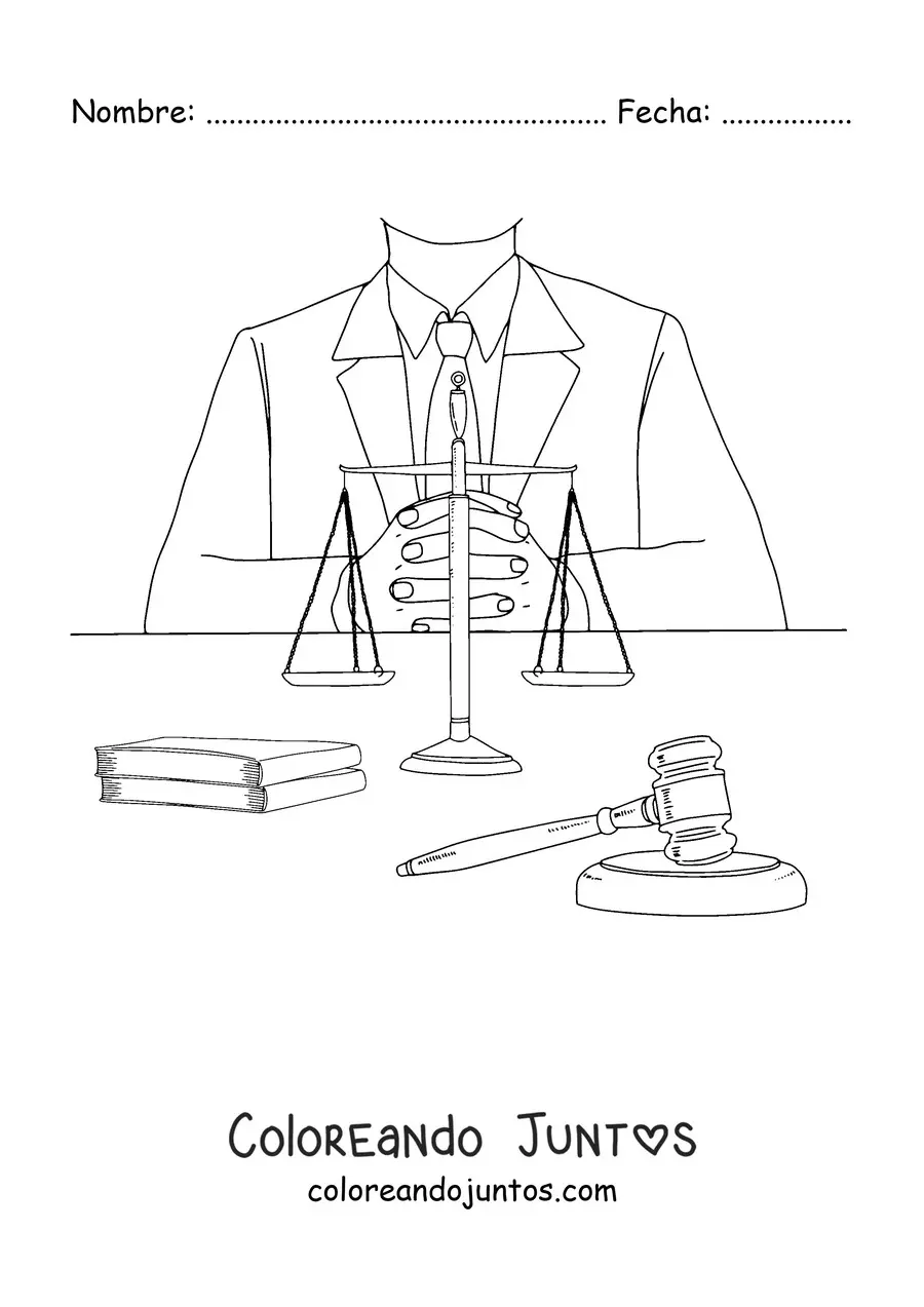 Imagen para colorear del torso de un abogado ante una balanza y un mazo