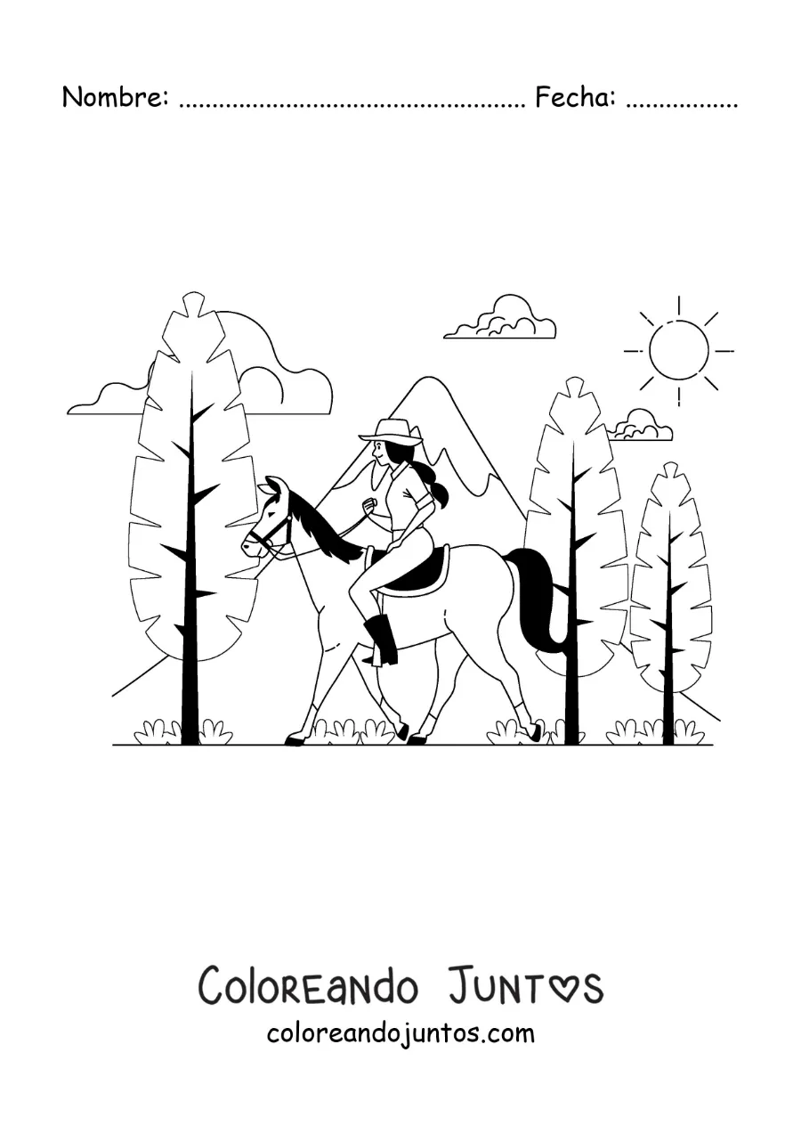 Imagen para colorear de una chica en un paseo a caballo en el bosque