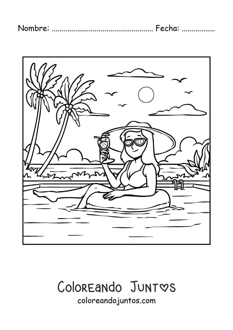 Imagen para colorear de una chica con sombrero de vacaciones en una piscina