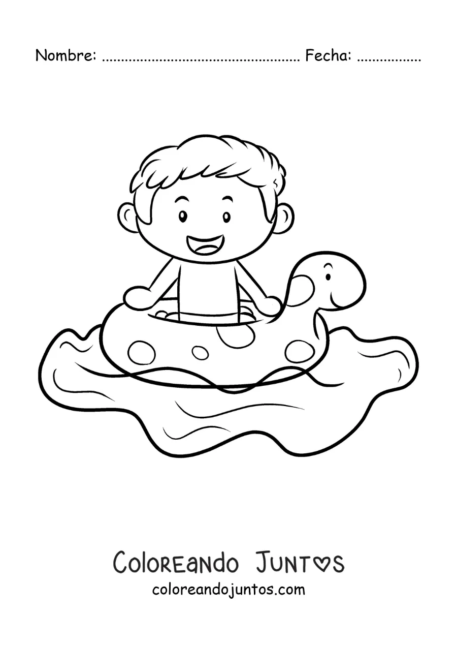 Imagen para colorear de un niño con flotador en una piscina