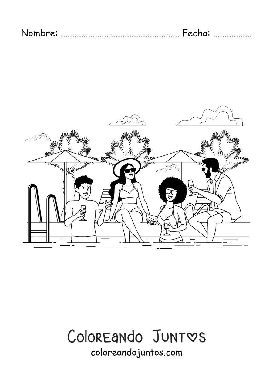 Imagen para colorear de un grupo de amigos adultos en una fiesta de verano en la piscina