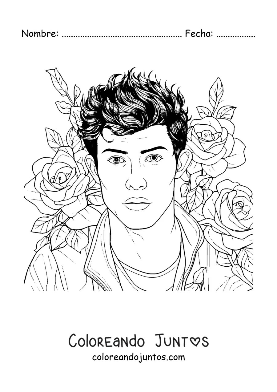 Imagen para colorear de un retrato de Shawn Mendes con flores