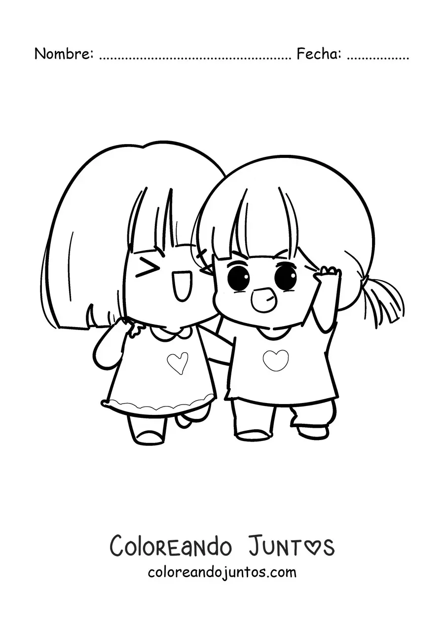 Imagen para colorear de dos niñas kawaii sonriendo felices