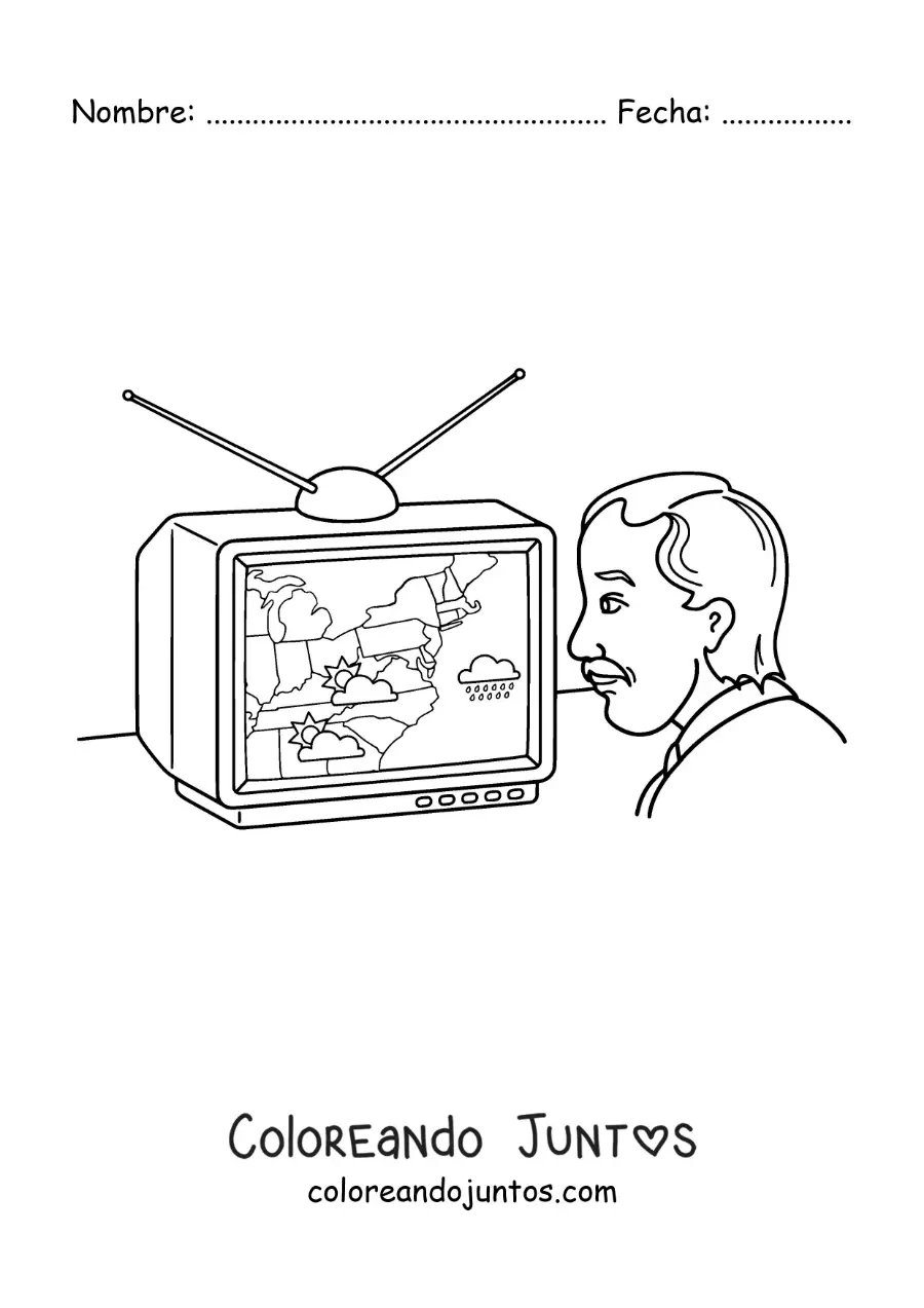 Imagen para colorear de un hombre viendo el pronóstico del tiempo en la televisión