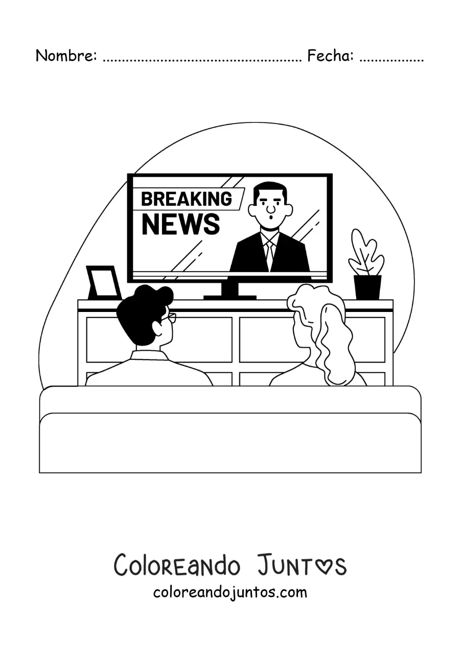 Imagen para colorear de una chica y un chico viendo las noticias en la televisión