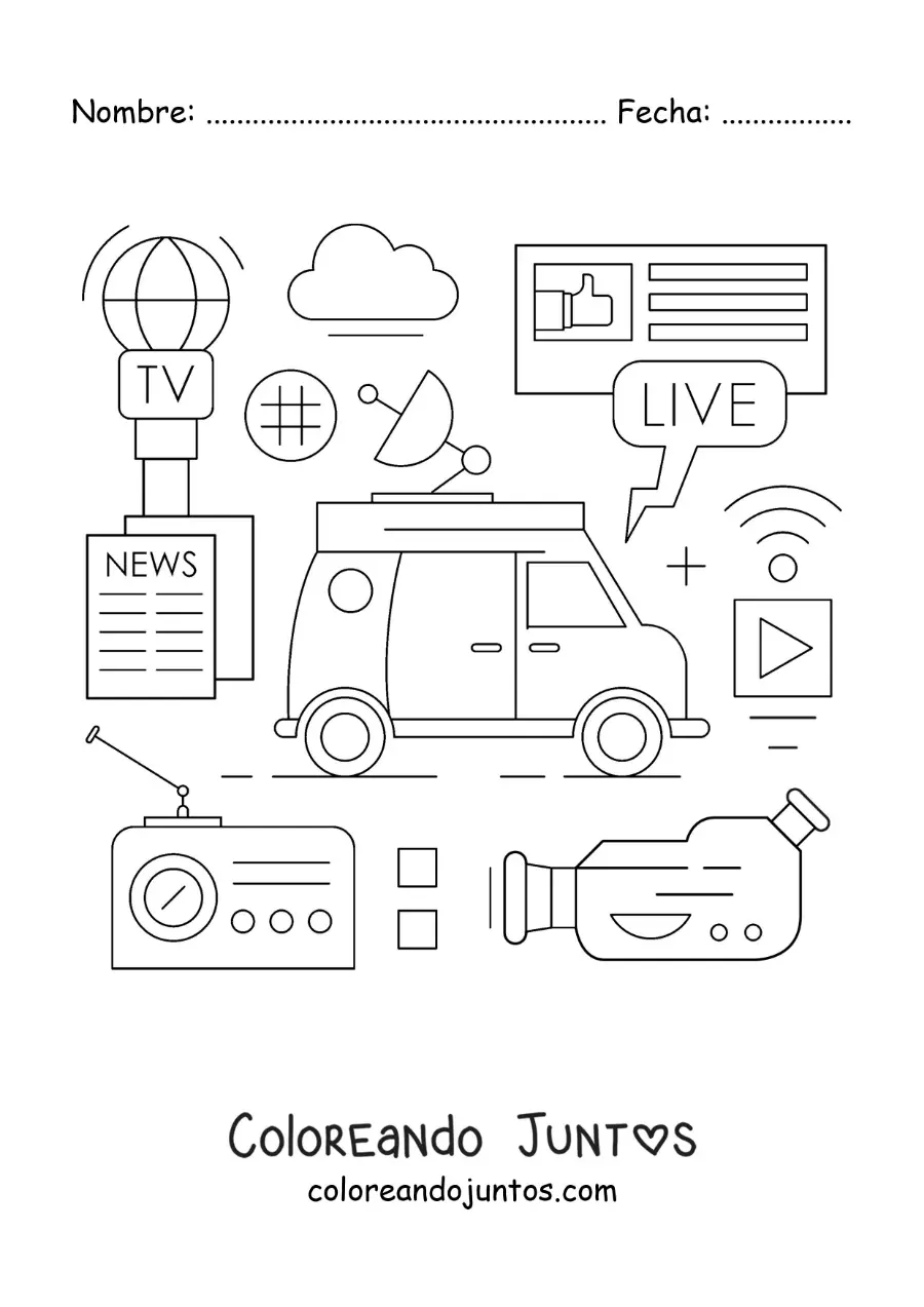 Imagen para colorear de un televisor, un micrófono, una cámara y otros símbolos de comunicación
